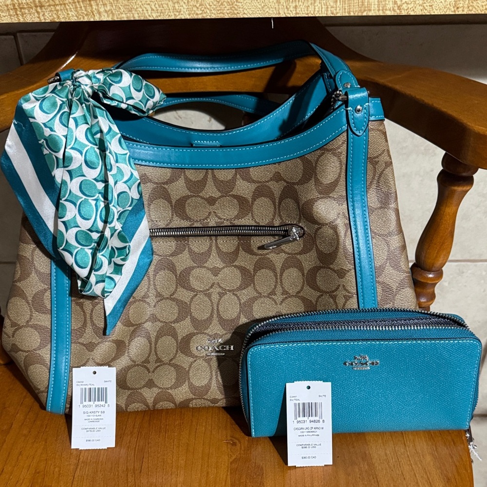 Coach Tan and Teal Shoulder Bag Set